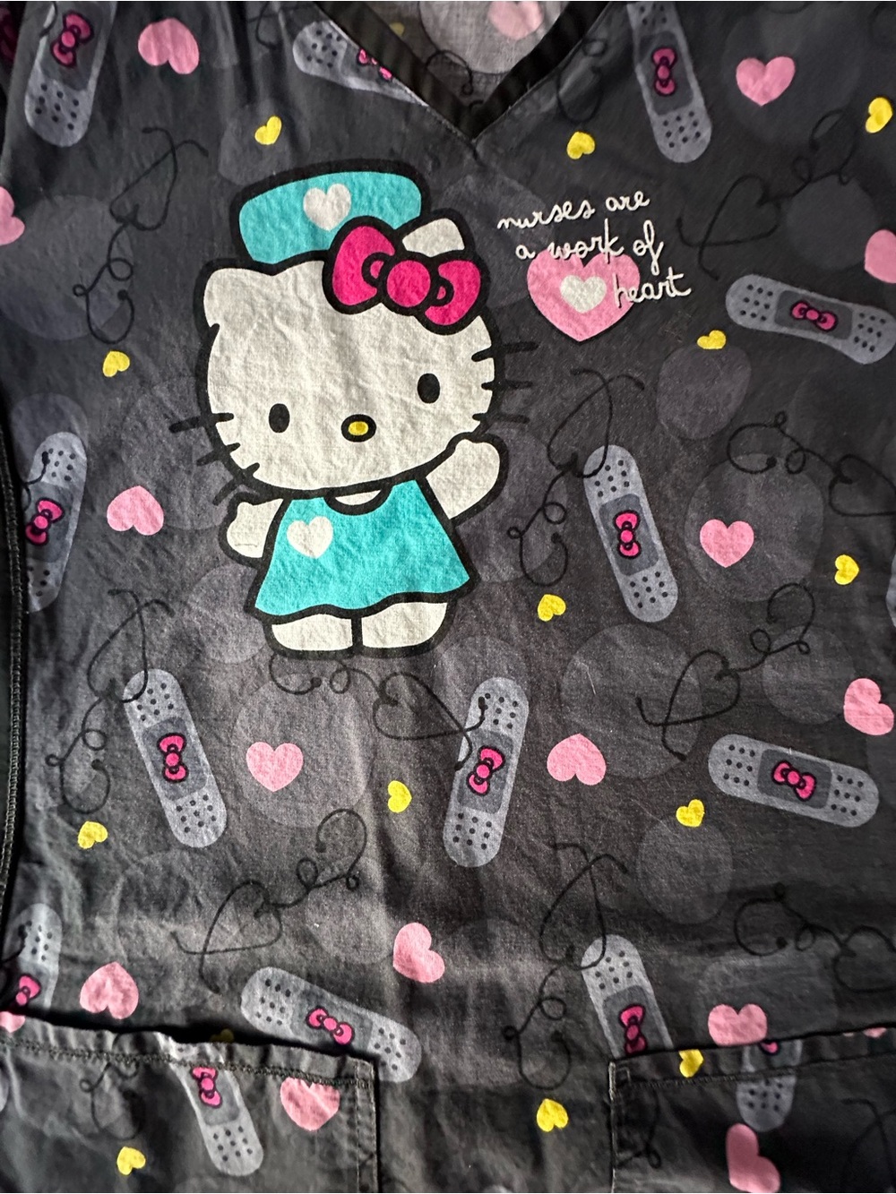 Hello Kitty Black V-Neck Printed Medical Scrub Top with Pink & Teal Accents - Picture 4 of 7